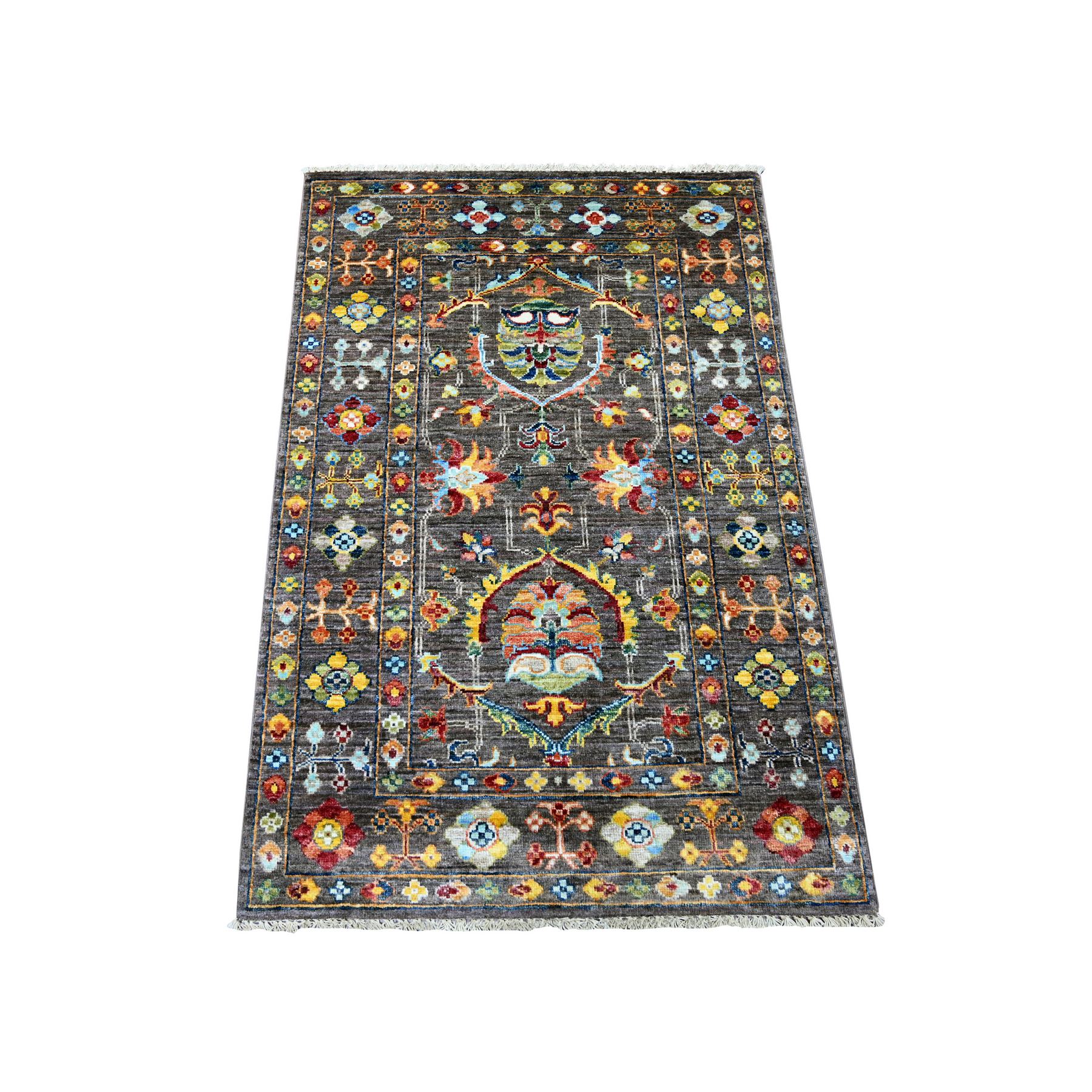 2'8"x4'2" Stone Gray, Hand Knotted Afghan Sultani All Over Floral Pattern, Soft and Vibrant Wool, Natural Dyes Sample, Mat, Oriental Rug 